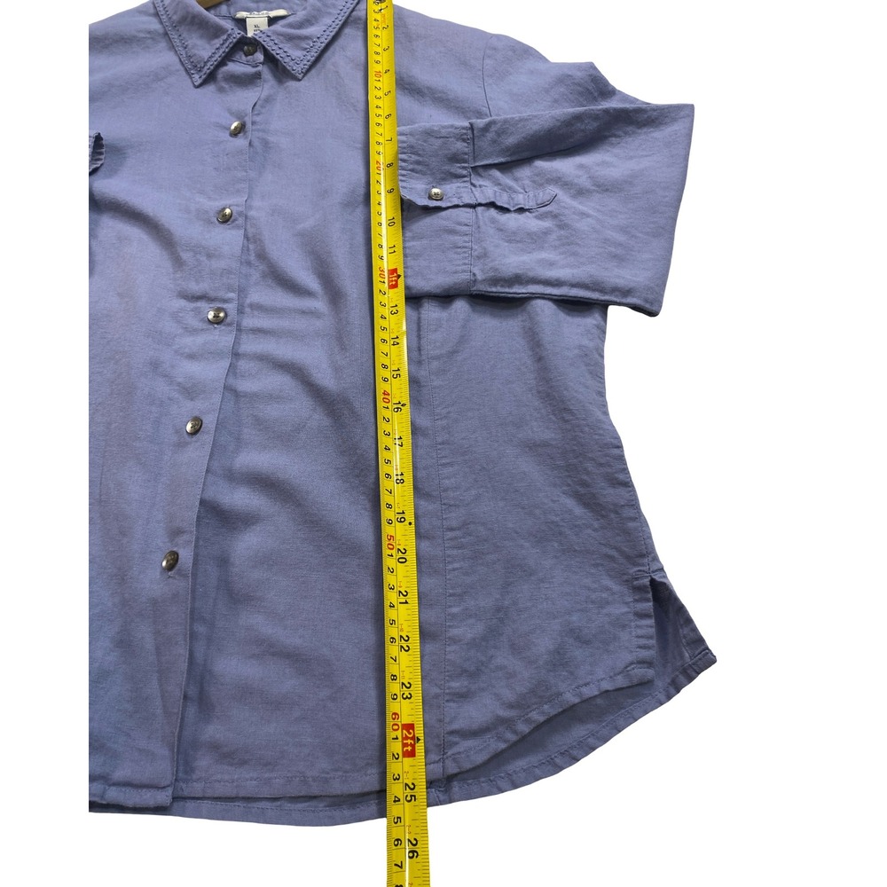 Bass Womens XL Blue Linen Cotton 3/4 Sleeve Button Down Shirt Embroidered Collar - Picture 10 of 10